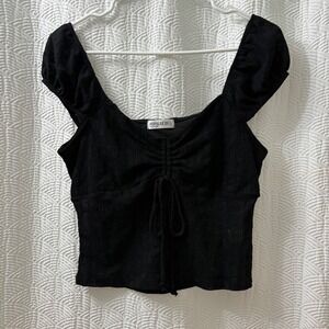 New POPULAR 21 Black Textured Ruched Drawstring Crop Wimsigoth Grunge Chic Top L